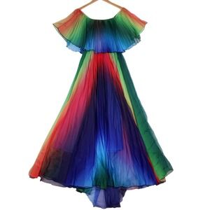 NINA Nischelle Pleated Rainbow Maxi Dress 8 Smocked Off Shoulder Ombre Colorful